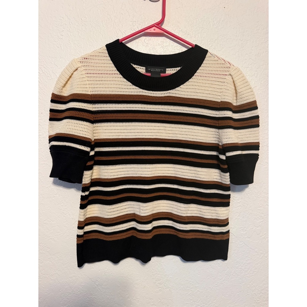 Investments Petites Striped Puff Sleeve Knit Sweater Cream Black Brown PS